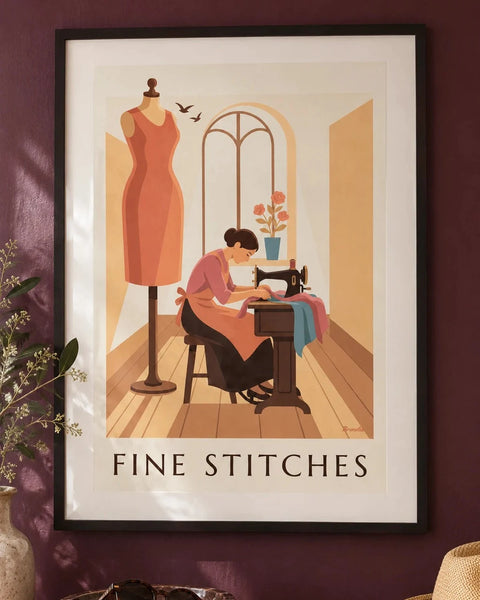 Sewing posters: collection poster framed in an interior