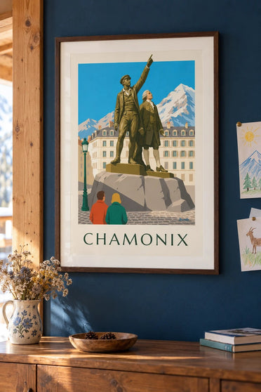 Balmat’n ja Saussuren patsasjuliste Chamonix’ssa : kehystettynä seinällä