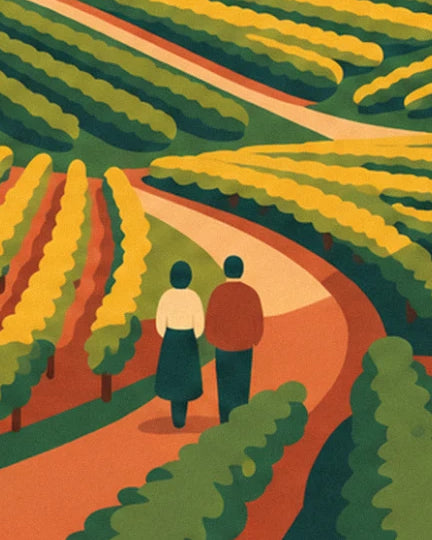 A couple seen from behind walking along the orange dirt path between rows of yellow and green vines