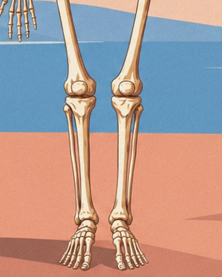 The skeleton's 2 legs, knees, shins and feet on salmon pink ground