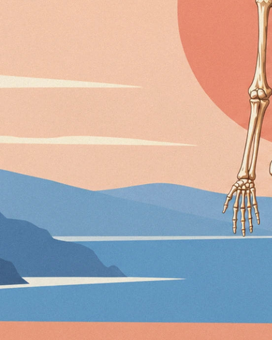 The skeleton's hand and forearm against a large pink sun, facing the blue sea