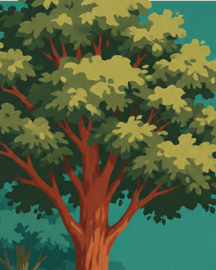Un grand arbre au feuillage vert tendre et aux branches rousses, devant un ciel turquoise