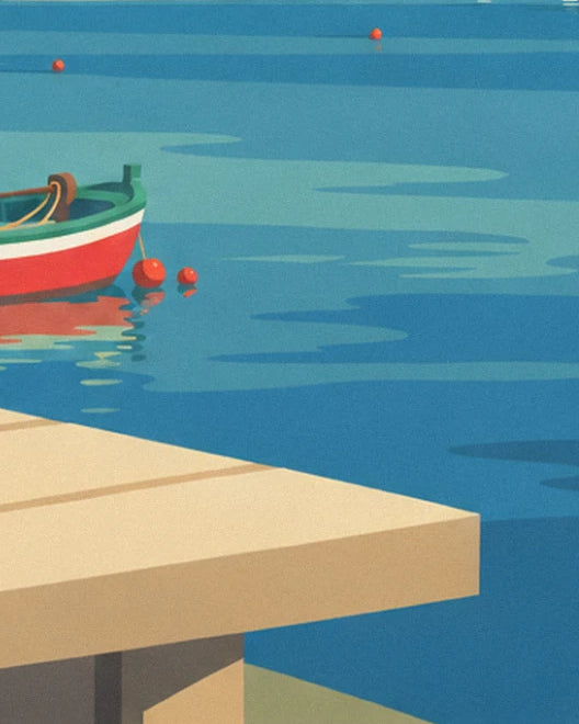A red and green rowing boat moored on turquoise water near a pale wooden jetty