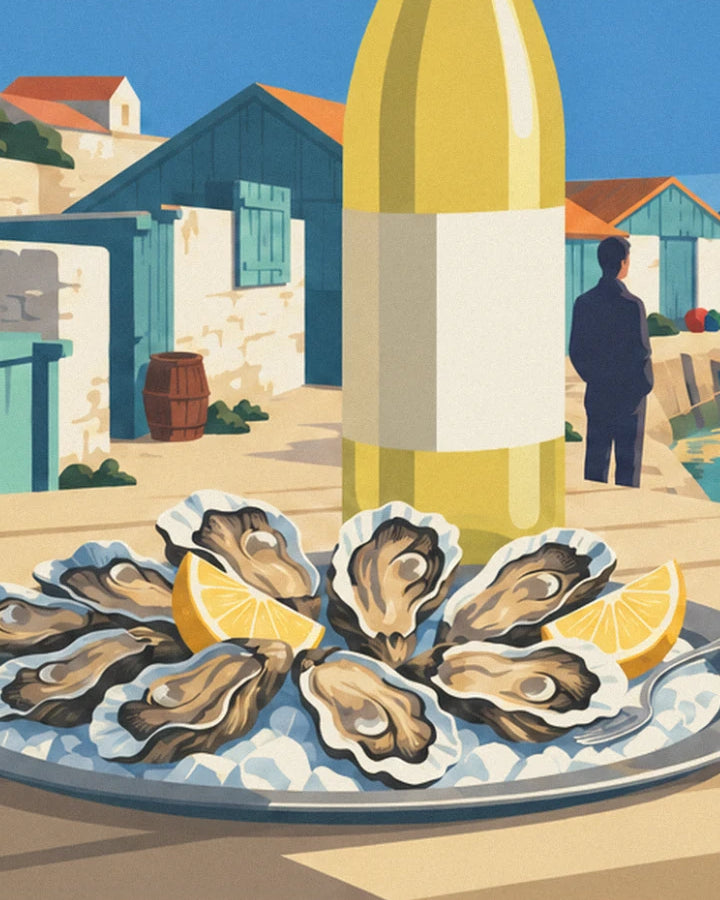 Open oysters and lemons on ice, a bottle of white wine and blue huts