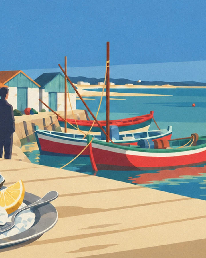 Red rowing boats moored to the wooden jetty, a blue hut and a fisherman on the quay