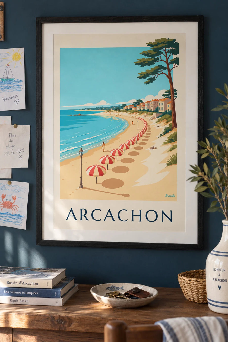 Striped parasols on the beach in Arcachon poster: framed on the wall