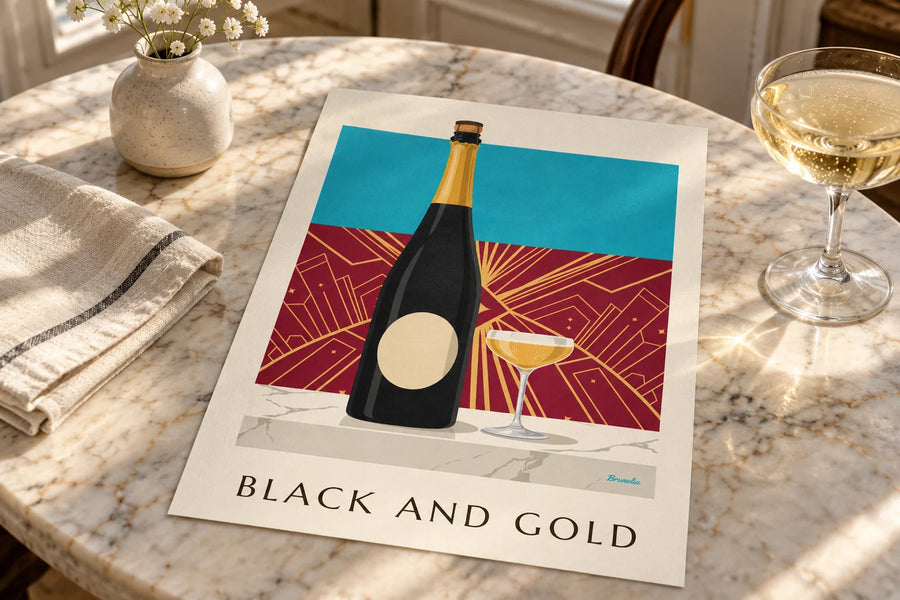 Affiche bouteille de champagne brut noir et or : posée sur une table