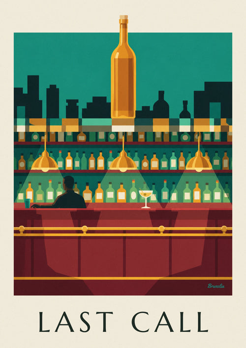 Poster of a bar counter and bottles lined up under lamps: the full poster