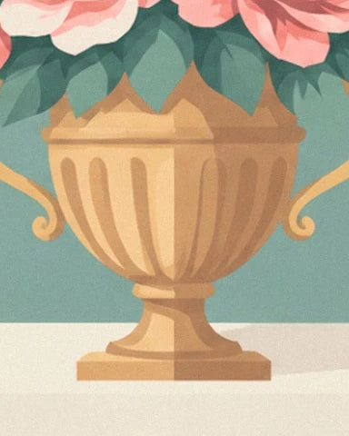 A golden urn with a fluted body and square base beneath green foliage