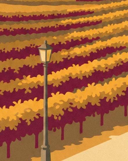 An old street lamp among rows of golden yellow and burgundy red vines