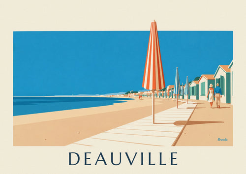 Colorful parasols and boardwalk of Deauville beach poster: the full poster