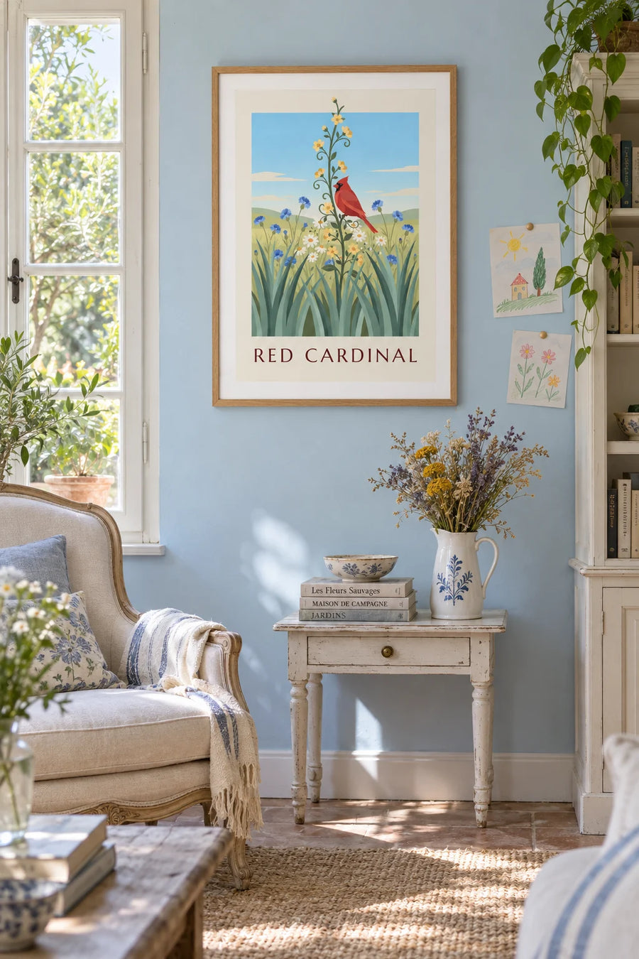 Affiche cardinal rouge et fleurs sauvages : encadrée au mur
