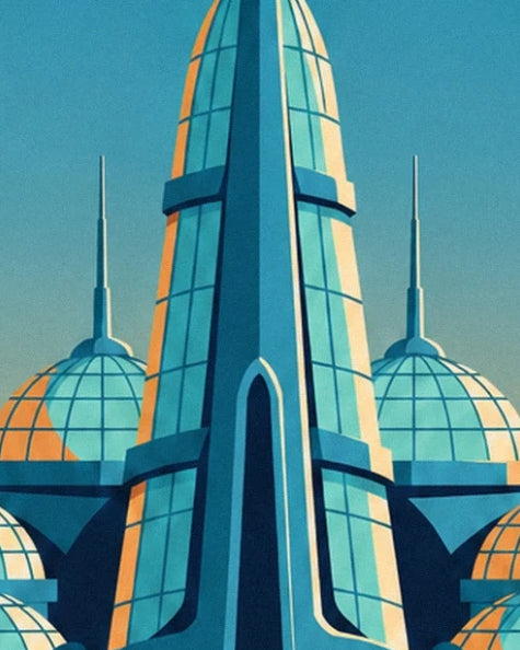 The tall turquoise glass tower surrounded by glass domes with orange reflections