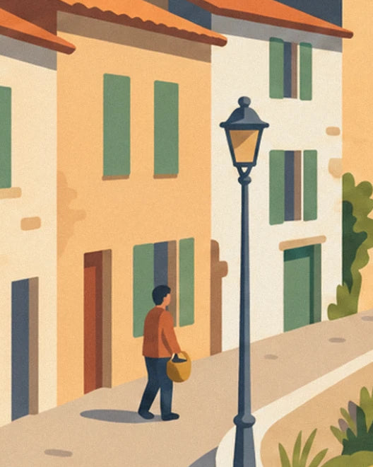Le promeneur en veste orange et son panier, sous le lampadaire, devant les façades ocre