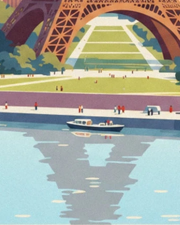A boat on the Seine and the reflection of the tour Eiffel beneath its ochre arch