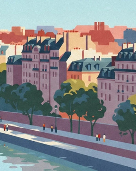 The Parisian buildings with red chimneys and walkers on the tree-lined quay