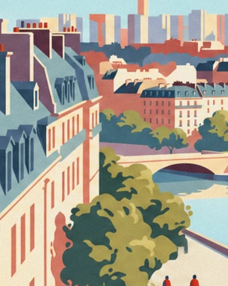 The pale façades with slate roofs, trees and a bridge over the Seine