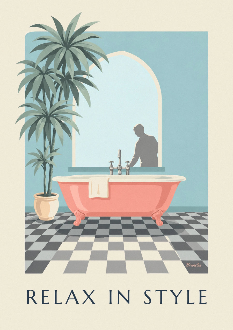 Affiche baignoire corail et carrelage à damier