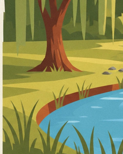 The reddish-brown trunk of a willow on the grassy bank, beside the blue water