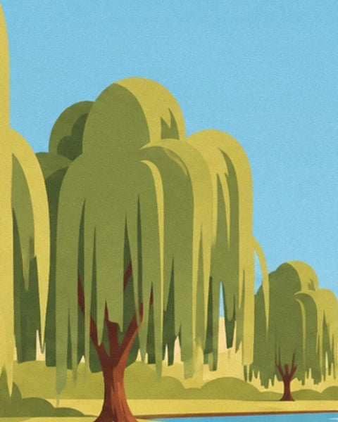 A weeping willow with drooping branches and a smaller tree beside it, beneath a pale blue sky