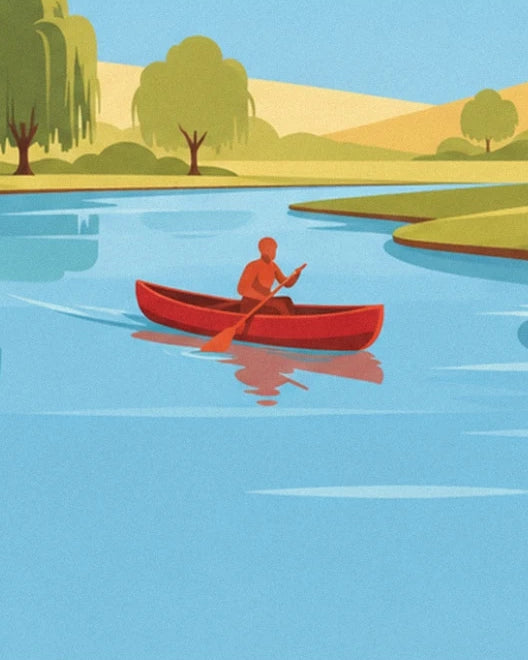 The red canoe and its paddler gliding over the blue water, with golden hills in the background