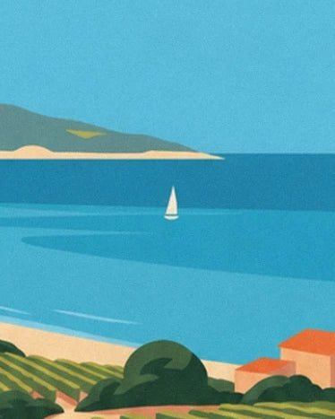 Un voilier blanc dans la baie de Bandol, entre vignes et maisons aux toits orangés