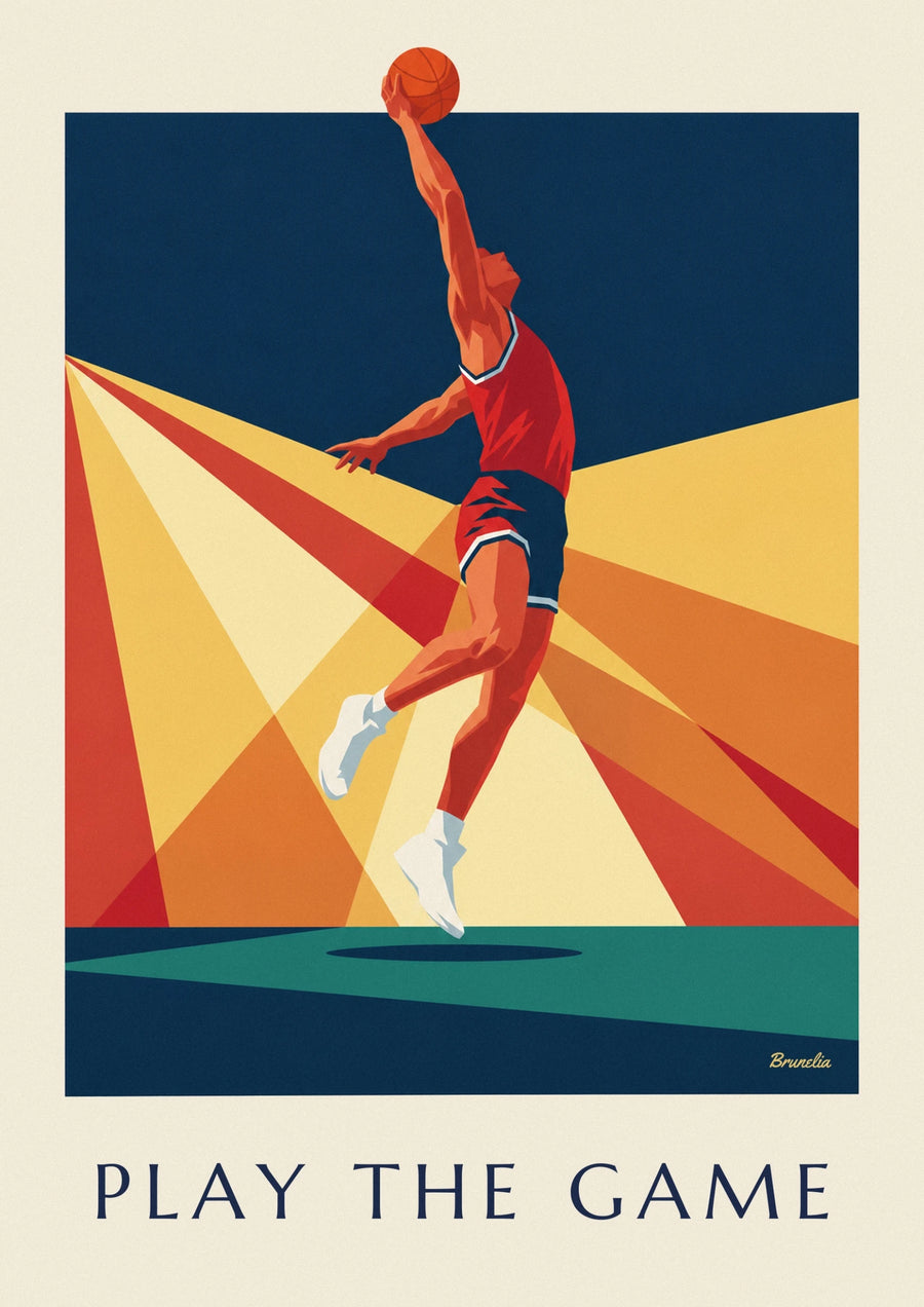 Affiche joueur de basketball en plein dunk sur fond de rayons