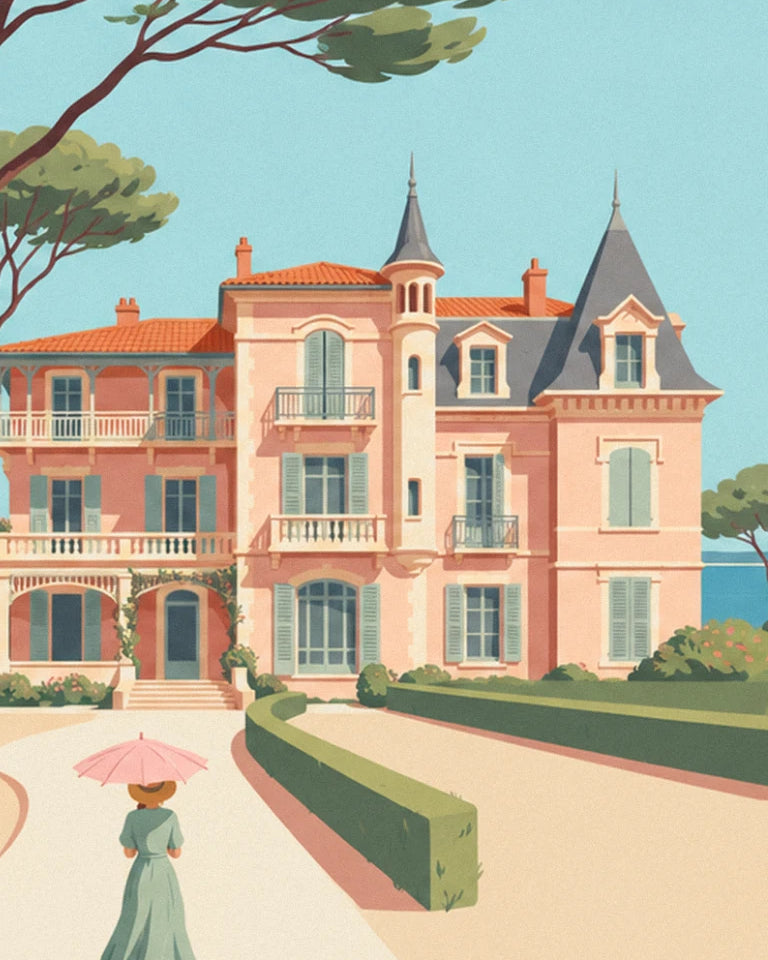La villa rose à tourelle et toit d'ardoise, avec une dame à l'ombrelle rose dans l'allée