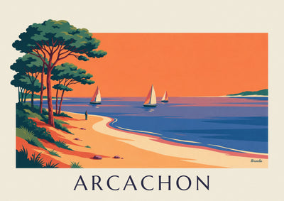 Affiche bassin d'Arcachon au couchant, voiliers et pins : l'affiche entière