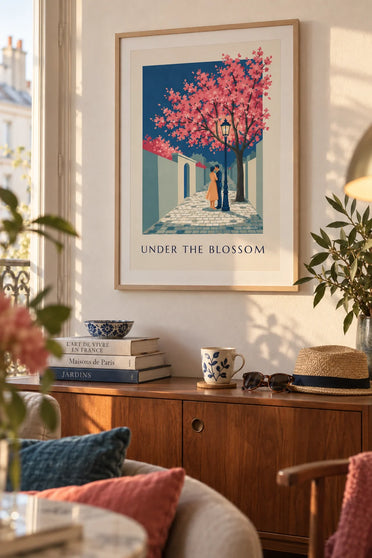 Poster of a couple beneath a street lamp and a cherry tree in bloom: framed on the wall