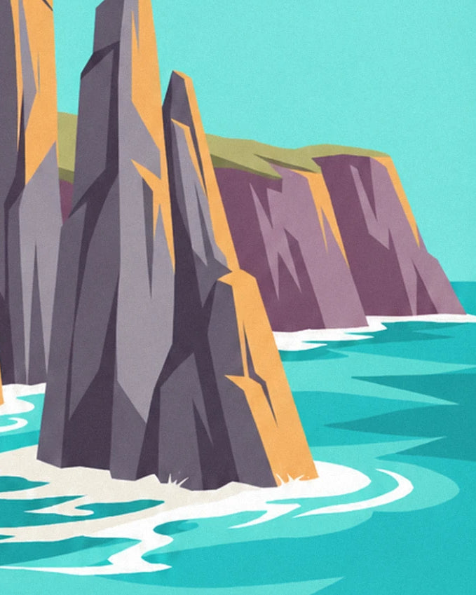 A rock pinnacle facing the purple cliff, amid turquoise sea foam