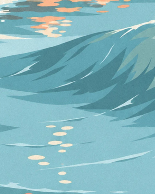Une vague turquoise en aplats, avec des reflets orangés du soleil sur l'eau