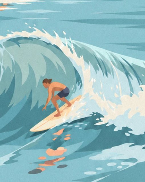 Le surfeur en short bleu marine glisse dans le tube d'une vague turquoise, planche crème sous les pieds