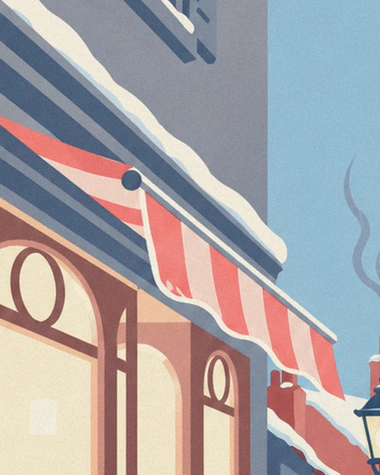 Le store rayé rose et blanc de la confiserie, sa vitrine arrondie et la neige sur l'auvent