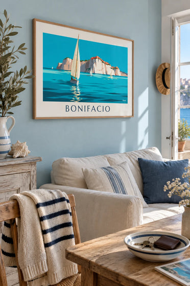 Affiche falaises blanches et voiliers de Bonifacio en Corse : encadrée au mur