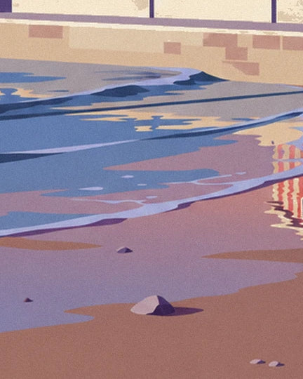 The reflection of the red and white striped beach huts in the wet sand, beside the waves