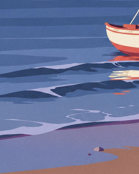 The midnight-blue waves lapping the sand, with the sailing boat's hull at the water's edge