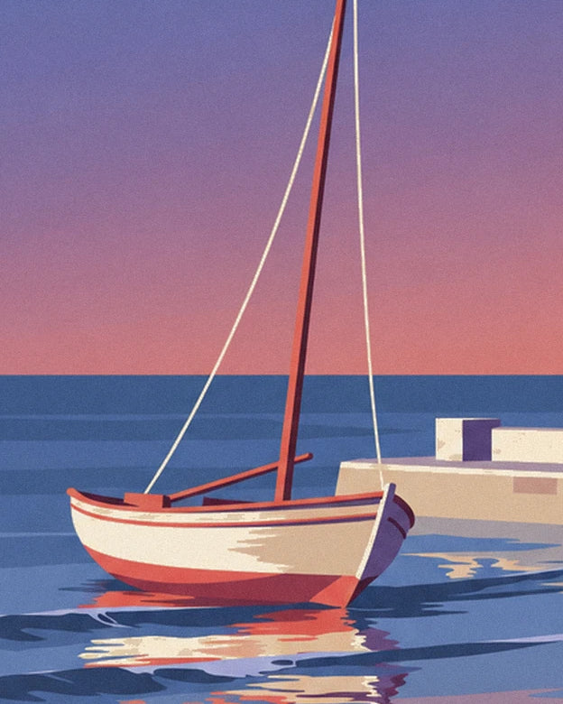 The beached sailing boat with a white and red hull, its mast standing beside the breakwater