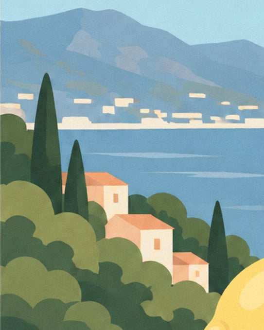 Houses with orange roofs among cypresses and bushes, facing the bay and blue mountains