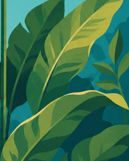 Large green and yellow banana leaves against a turquoise background
