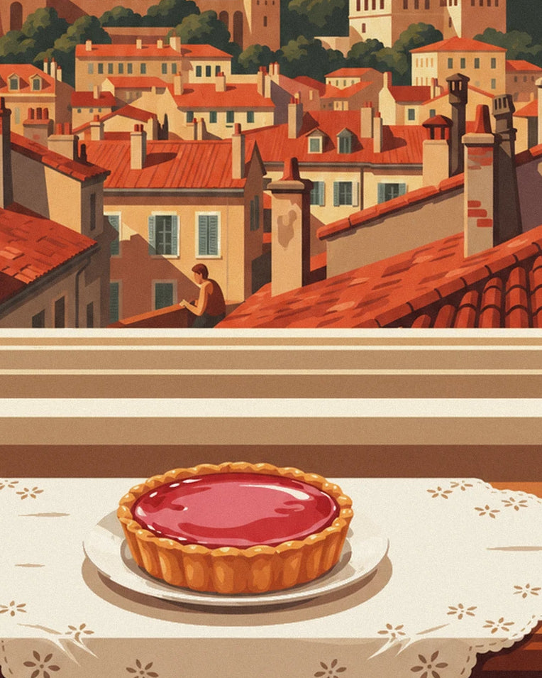 Pink praline tart at a Lyon living room window poster: close-up detail