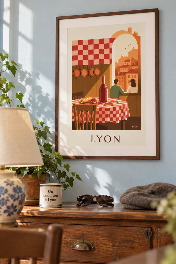 Lyon bouchon, checkered tablecloth and wine jug poster