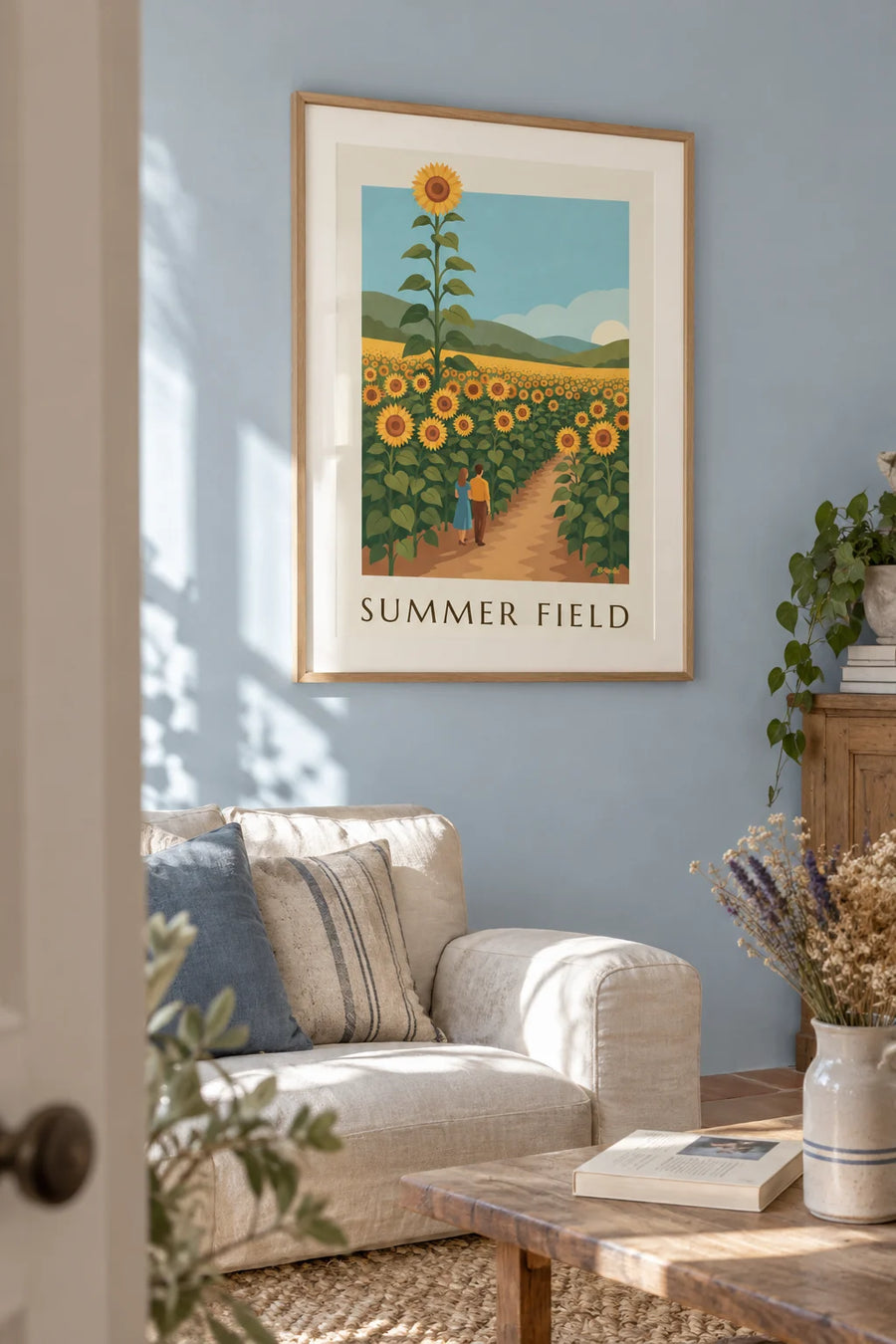 Affiche champ de tournesols sous le soleil d'été : encadrée au mur