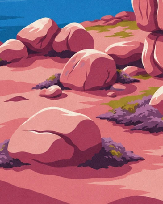 Gros blocs de granit rose sur la lande, avec des touffes de bruyère violette et de mousse
