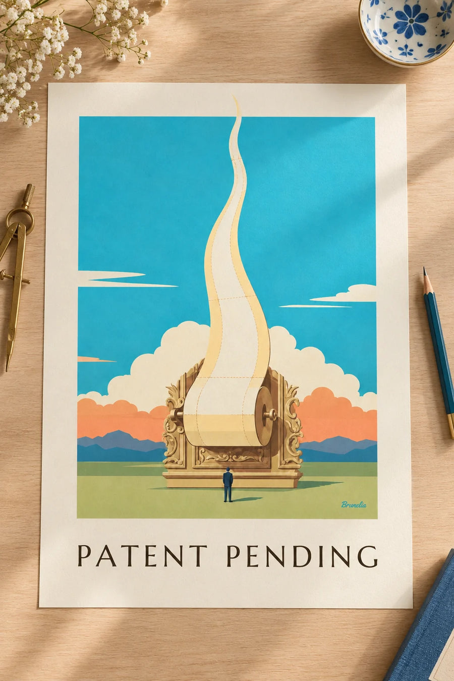 Affiche brevet du rouleau de papier toilette, planche technique : posée sur une table
