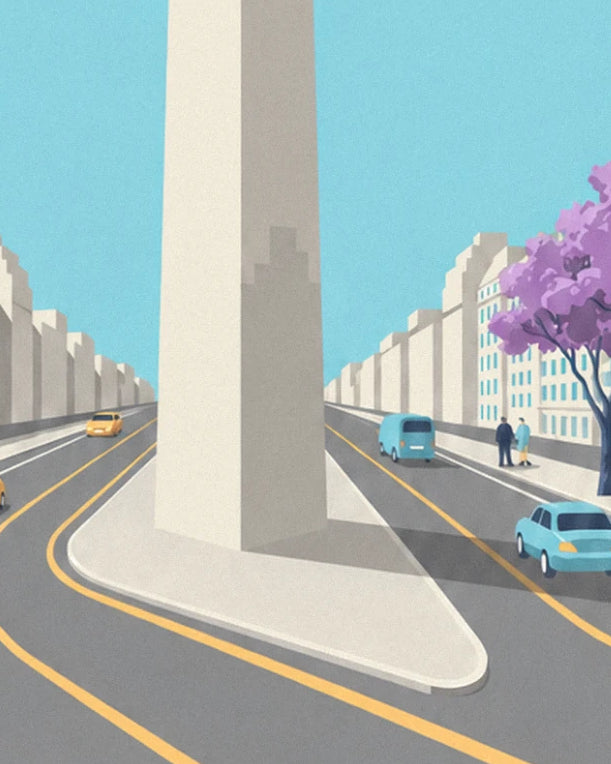 L'obélisque se dresse sur son îlot, entre taxis jaunes et jacaranda en fleurs