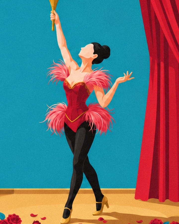 The cabaret dancer in a red corset with pink feathers and black stockings