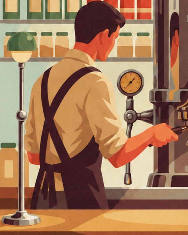 Le barista en tablier brun de dos, la main sur le levier de la machine, face au manomètre doré