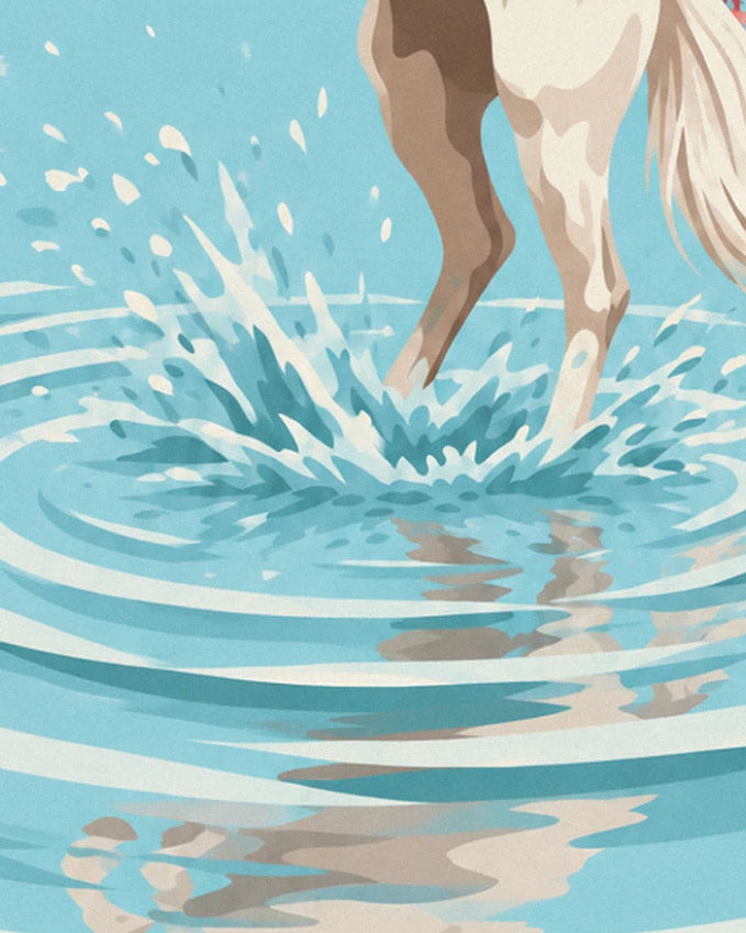 Les gerbes d'eau sous les sabots du cheval qui galope dans la lagune