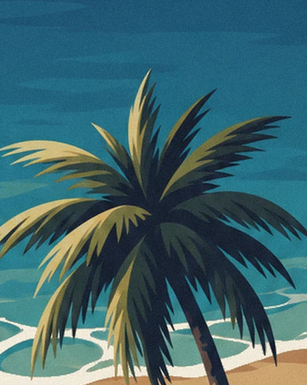 A palm tree with dark green and golden fronds in front of the turquoise sea of Cancún
